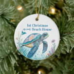 Watercolor Sea Turtle 1st Christmas Beach House Ceramic Ornament<br><div class="desc">Watercolor sea turtle ornament with the text "1st Christmas in our beach house" in blue and green colours for a Coastal Christmas. Personalise it with your family name or a message and the year on the back.</div>