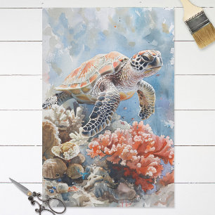 Watercolor Sea Turtle and Coral Decoupage Tissue Paper
