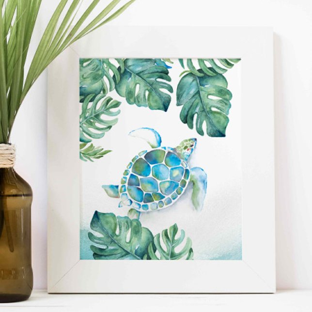 Watercolor Sea Turtle and Monstera Leaves Poster (Sea turtle art with monstera palm leaves tropical watercolor by Victoria Grigaliunas)