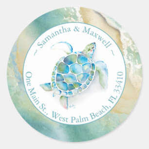 Watercolor Sea Turtle & Beach Return Address Cl Classic Round Sticker