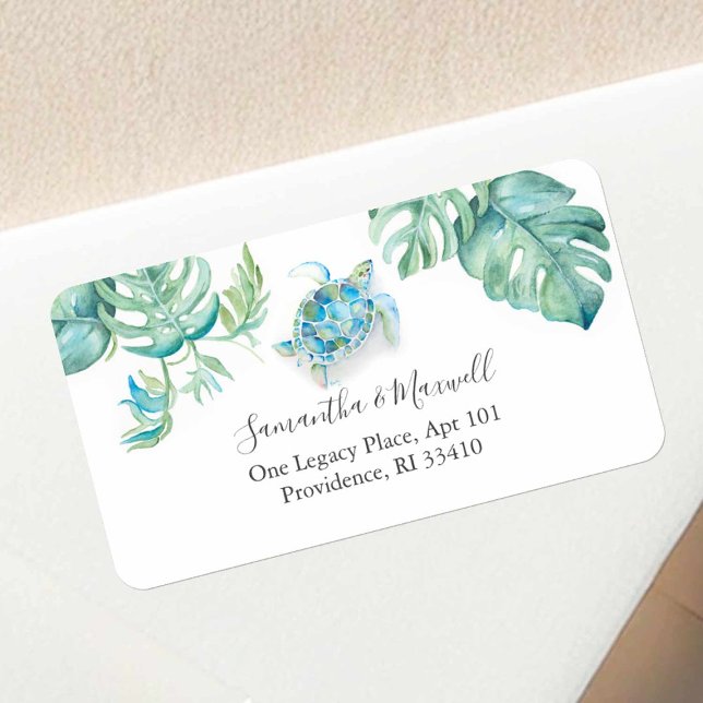 Watercolor Sea Turtle Beach Return Address Label (Return address label tropical sea turtle and palm leaves art by Victoria Grigaliunas DoTellABelle)