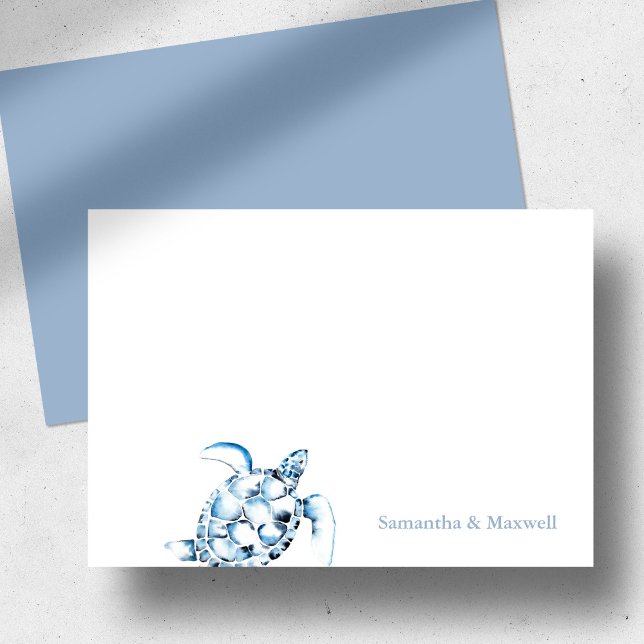 Watercolor Sea Turtle Blue Personalised Note Card (Personalized sea turtle notecard dusty blue watercolor art by Victoria Grigaliunas Do Tell A Belle)