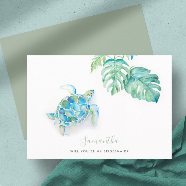 Watercolor Sea Turtle Bridesmaid Cards (sea turtle cards simple watercolor art by Victoria Grigaliunas)