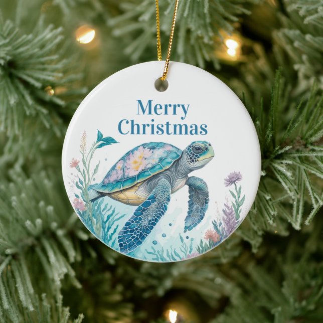 Watercolor Sea Turtle Coastal Christmas Ornament (Tree)