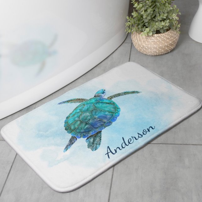 Watercolor Sea Turtle Coastal Ocean Bath Mat (Creator Uploaded)
