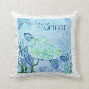 Watercolor Sea Turtle Coral Whale Beach Decor Art Cushion