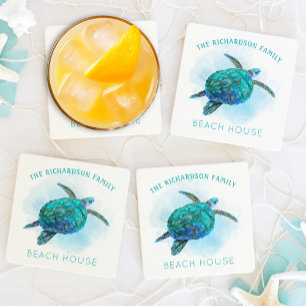 Watercolor Sea Turtle Family Beach House Coaster