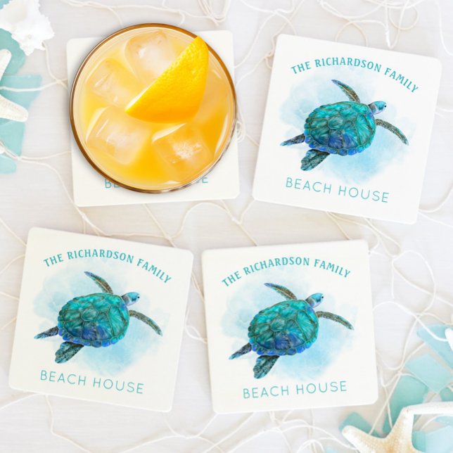 Watercolor Sea Turtle Family Beach House Coaster (Creator Uploaded)
