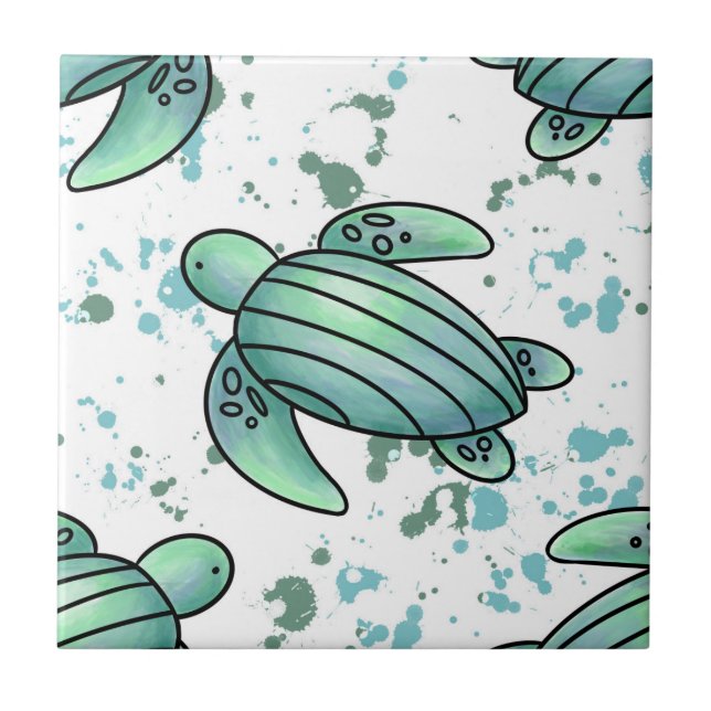 watercolor sea turtle green blue pattern animal ceramic tile (Front)