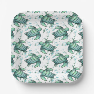 watercolor sea turtle green blue pattern animal paper plate
