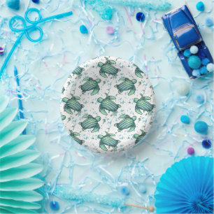 watercolor sea turtle green blue pattern animal paper plate