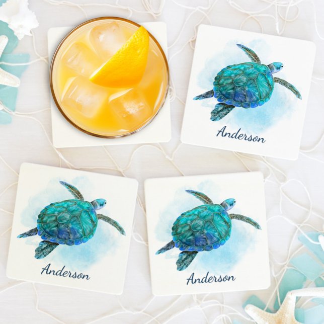Watercolor Sea Turtle Nautical Coastal Ocean Coaster (Creator Uploaded)