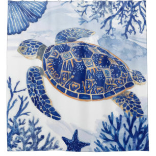 Watercolor Sea Turtle Ocean Blue Shower Curtain