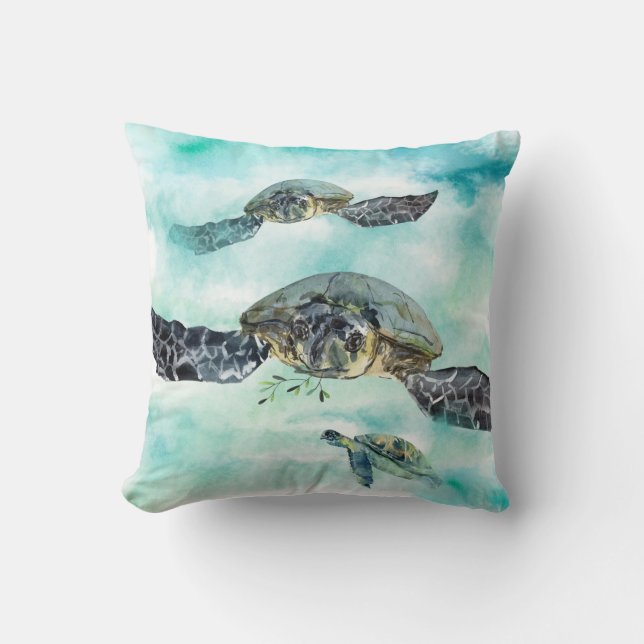 Watercolor Sea Turtle Ocean Swim Cushion (Front)