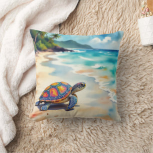 Watercolor Sea Turtle On a Beach Cushion