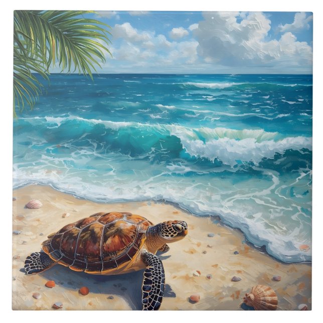 Watercolor Sea Turtle on Sandy Tropical Beach  Ceramic Tile (Front)