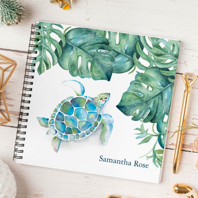 Watercolor Sea Turtle Personalised Journal (Notebook personalized watercolor sea turtle and palm leaf art by Victoria Grigaliunas)