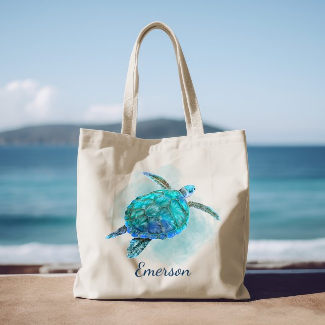 Watercolor Sea Turtle Personalised Name Tote Bag (Creator Uploaded)