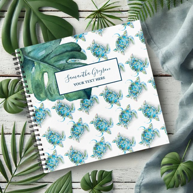 Watercolor Sea Turtle Personalised Notebook (Notebook personalized with sea turtle pattern and tropical monstera leaf art by Victoria Grigaliunas)