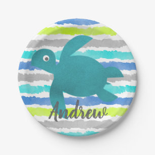 Watercolor Sea Turtle Shibori Stripe Paper Plate