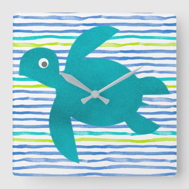 Watercolor Sea Turtle Shibori Stripe Square Wall Clock (Front)
