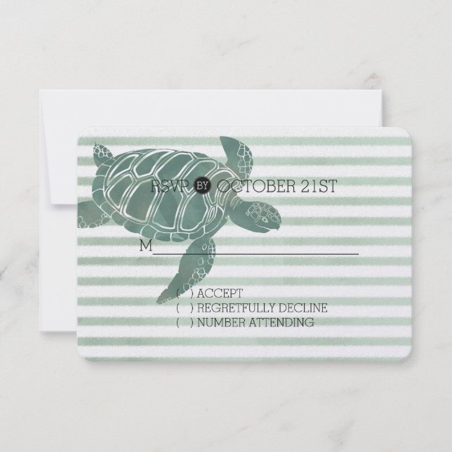 Watercolor Sea Turtle Stripes Wedding RSVP (Front)