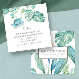 Watercolor Sea Turtle Tropical Greenery Square Business Card