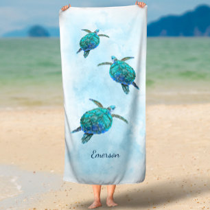 Watercolor Sea Turtle Tropical Ocean  Beach Towel