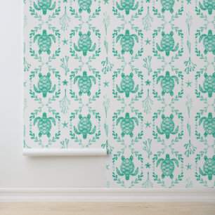 Watercolor Sea Turtles and Coral in Mint Green Wallpaper