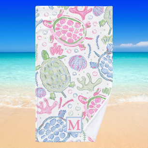 Watercolor Sea Turtles Coastal Preppy Monogram Hand Towel