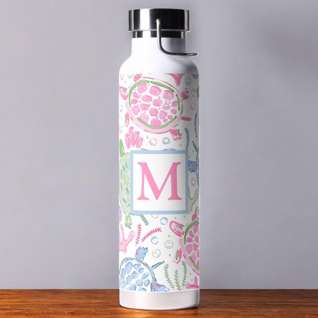 Watercolor Sea Turtles Ocean Monogram Water Bottle (Creator Uploaded)