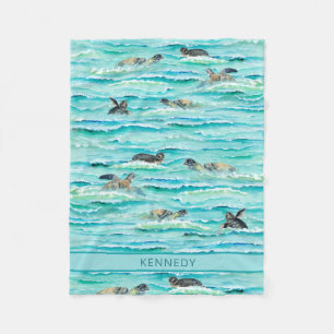 Watercolor Sea Turtles Ocean Turquoise Personalise Fleece Blanket