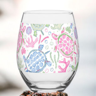 Watercolor Sea Turtles / Preppy Coastal Ocean Stemless Wine Glass