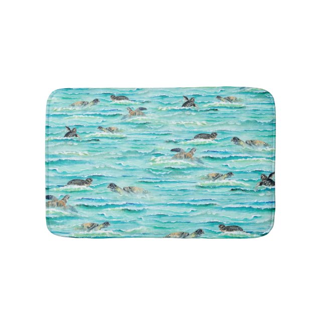 Watercolor Sea Turtles Swimming Ocean Bath Mat (Front)