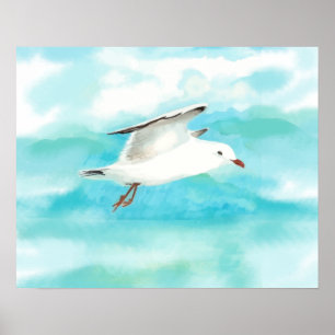 Watercolor Seagull in the Rain Blue Lake Art Poster