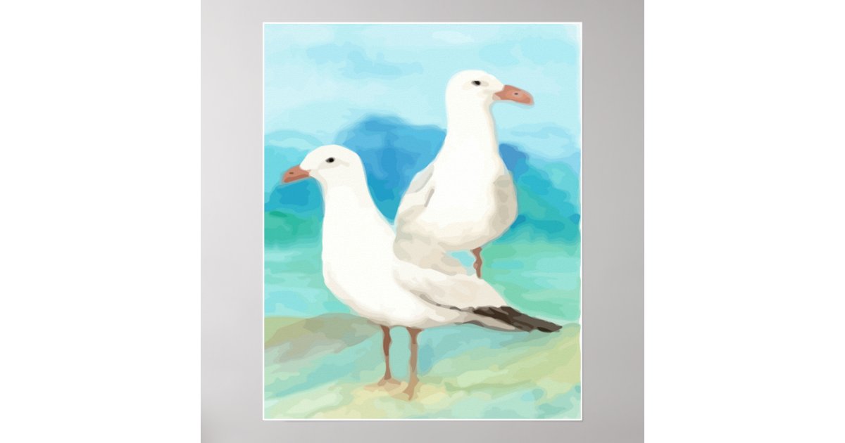 Watercolor Seagulls at the Beach Bird Nature Art Poster | Zazzle
