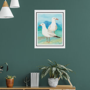 Watercolor Seagulls at the Beach Bird Nature Art Poster