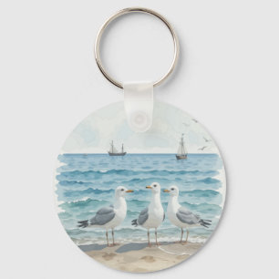  Watercolor Seagulls at the Beach Coastal Custom Key Ring