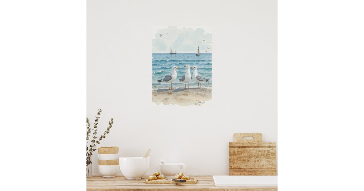 Watercolor Seagulls at the Beach Coastal Custom Poster | Zazzle