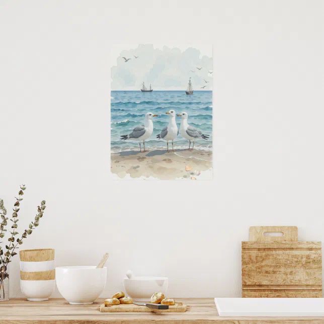 Watercolor Seagulls at the Beach Coastal Custom Poster | Zazzle