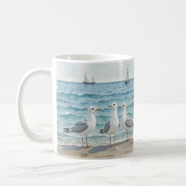  Watercolor Seagulls at the Beach Coastal Ocean Coffee Mug (Left)