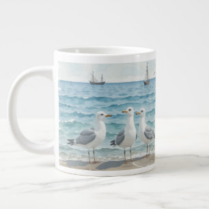  Watercolor Seagulls at the Beach Coastal Ocean Large Coffee Mug