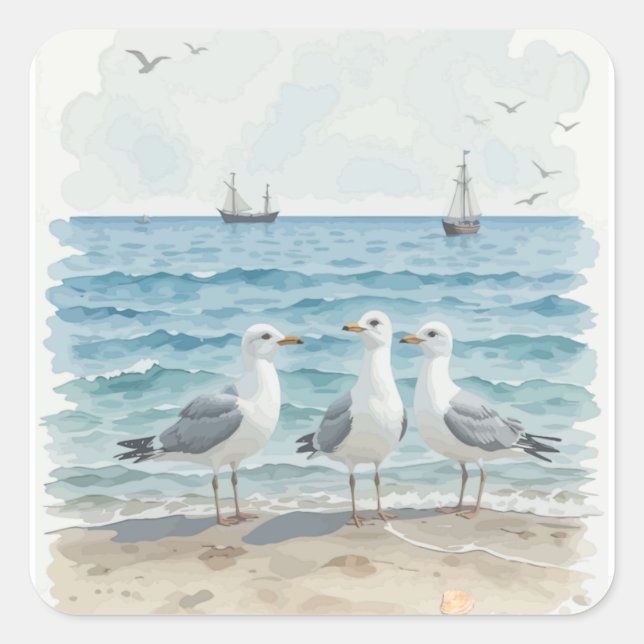 Watercolor Seagulls at the Beach Coastal Ocean Square Sticker (Front)