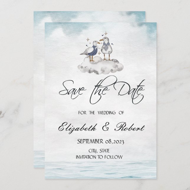 Watercolor Seagulls Beach Save The Date (Front/Back)