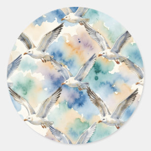 Watercolor Seagulls Seamless Pattern Coastal Home  Classic Round Sticker