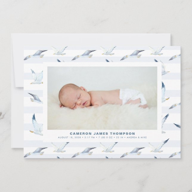 Watercolor Seagulls Stripes Pattern Photo Birth Announcement (Front)