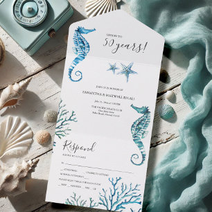 Watercolor Seahorse 50th Wedding Anniversary All In One Invitation