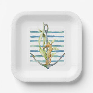 Watercolor Seahorse & Anchor Design Paper Plate