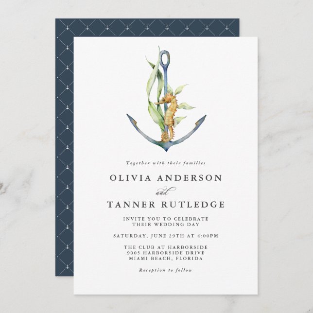 Watercolor Seahorse and Anchor Nautical Wedding Invitation (Front/Back)