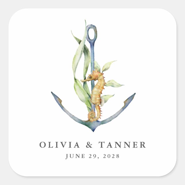 Watercolor Seahorse and Anchor Nautical Wedding Square Sticker (Front)